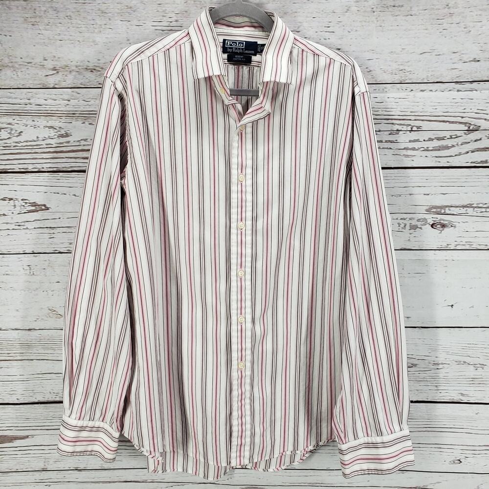 Polo by Ralph Lauren Men's Pink Striped Cotton Regent Custom Fit Shirt XL